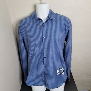 Volcom Mens Button Up Shirt Size Large Blue Striped Cotton Long Sleeve Vintage